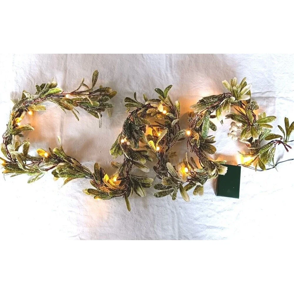2 Garland Ropes Sage & White Berries 4 Ft Ea Battery Lighted Party Wedding New